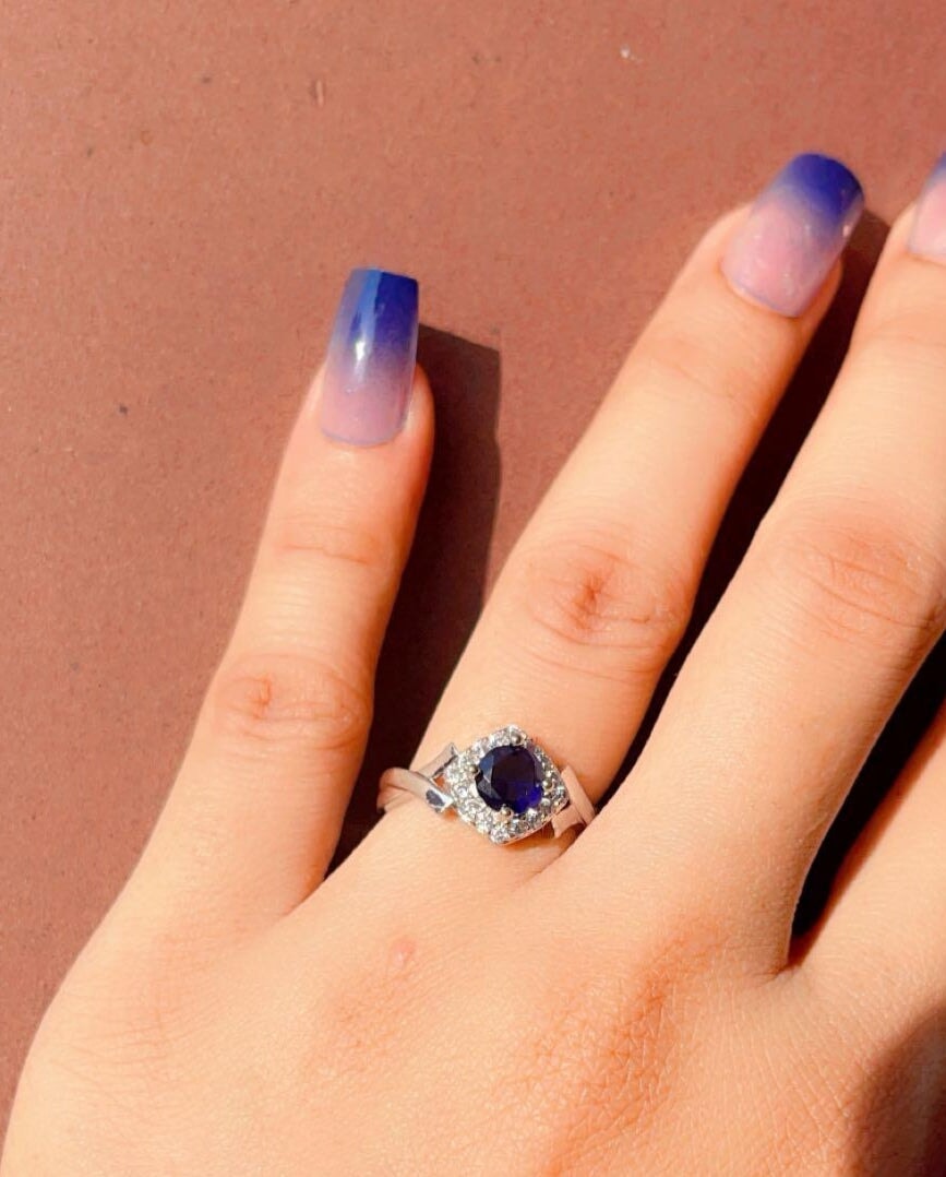 Blue Sapphire Engagement Ring with Marquise Diamonds Ring Gleamora